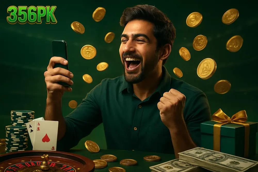 356PK Bonuses — a young Pakistani man cheering with his phone raised as golden coins appear to burst around him
