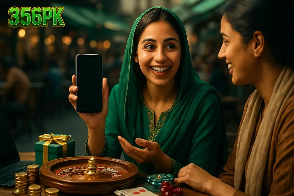 356PK Download APK — a Pakistani woman showing her phone screen excitedly to a friend while sitting in a busy market