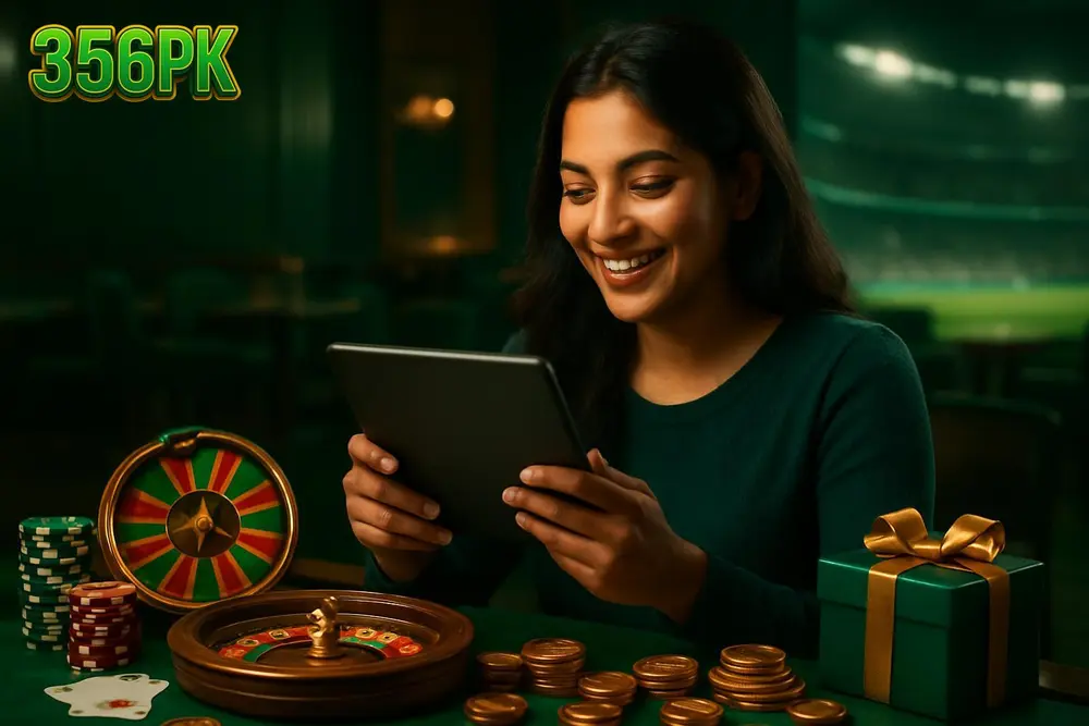 356PK Games — a young Pakistani woman smiling as she watches a spinning wheel game on a tablet in a lively lounge