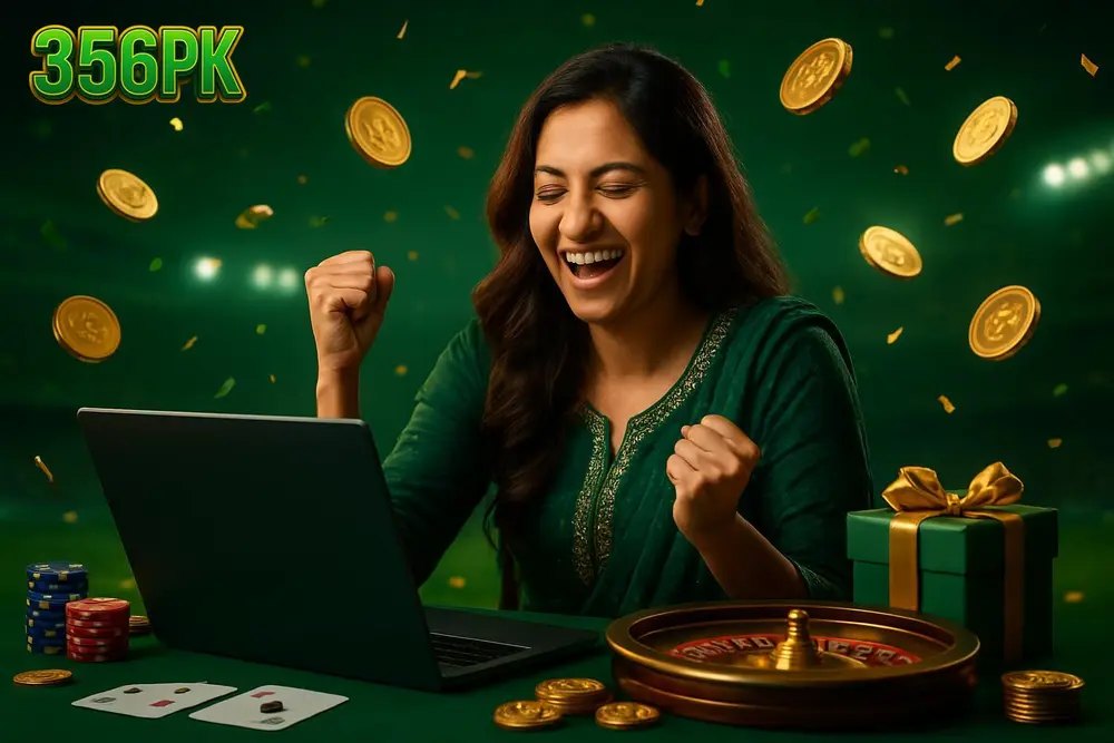 356PK Pakistan — a Pakistani woman celebrating happily at a table with a laptop, glowing coins and confetti around her