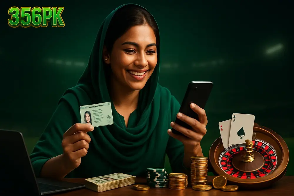 356PK Register — a Pakistani woman holding her ID card and smiling while completing registration on her phone at a desk